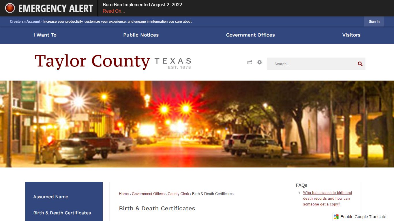 Birth & Death Certificates - Taylor County, Texas