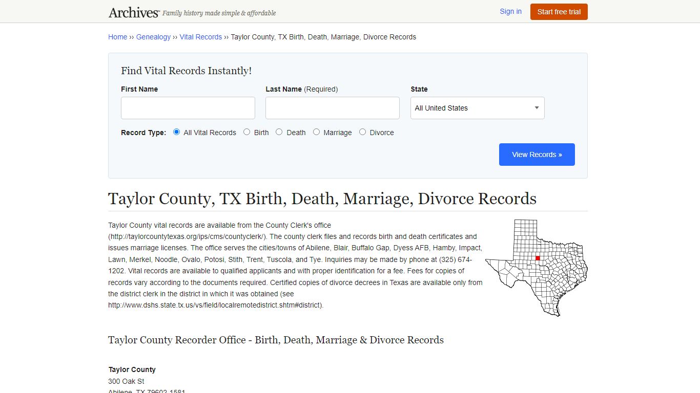 Taylor County, TX Birth, Death, Marriage, Divorce Records